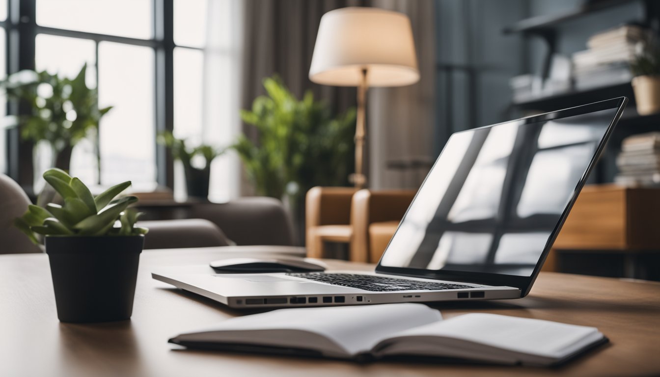 A cozy living room with stylish furniture, plants, and elegant decor. A desk with a laptop and notepad for writing and creating content. A blog logo displayed on the screen