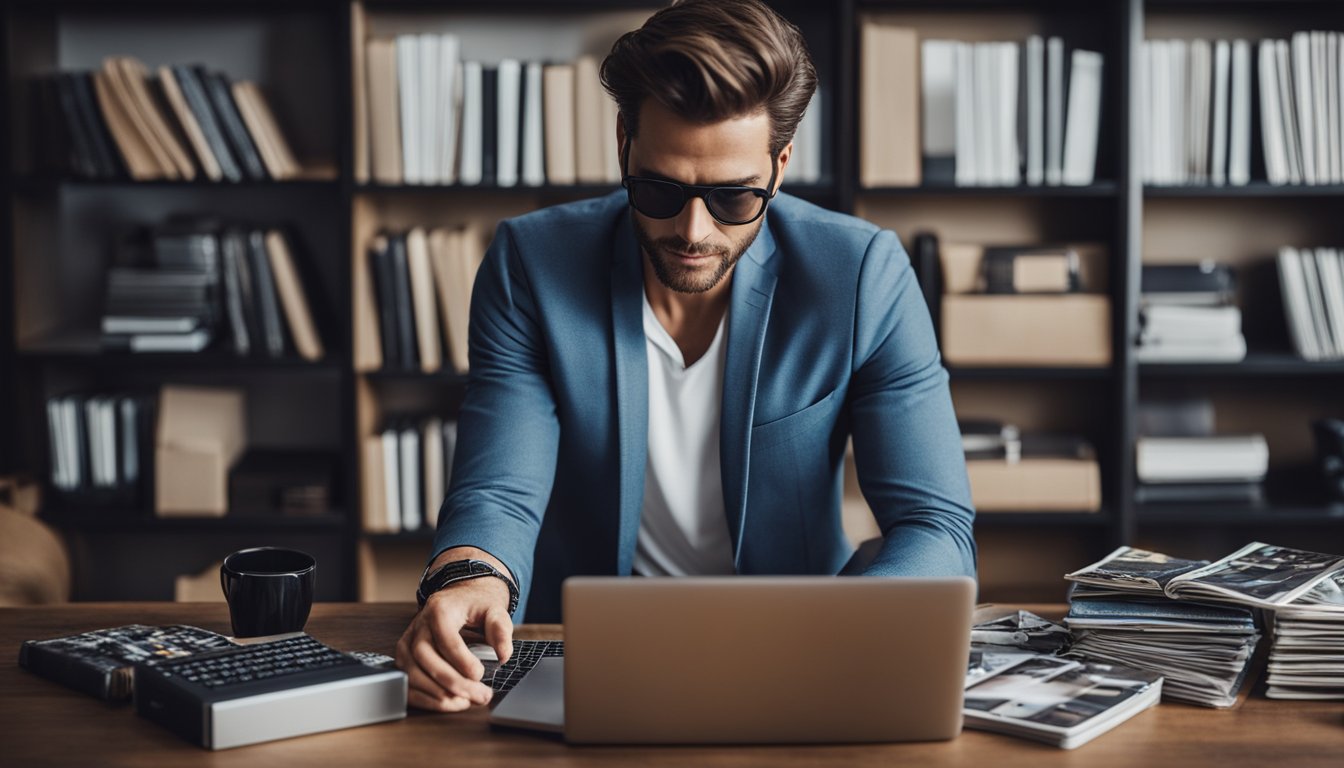 A stylish man typing on a laptop, surrounded by fashion magazines, with a calendar and a notepad filled with ideas for blog posts on men's fashion