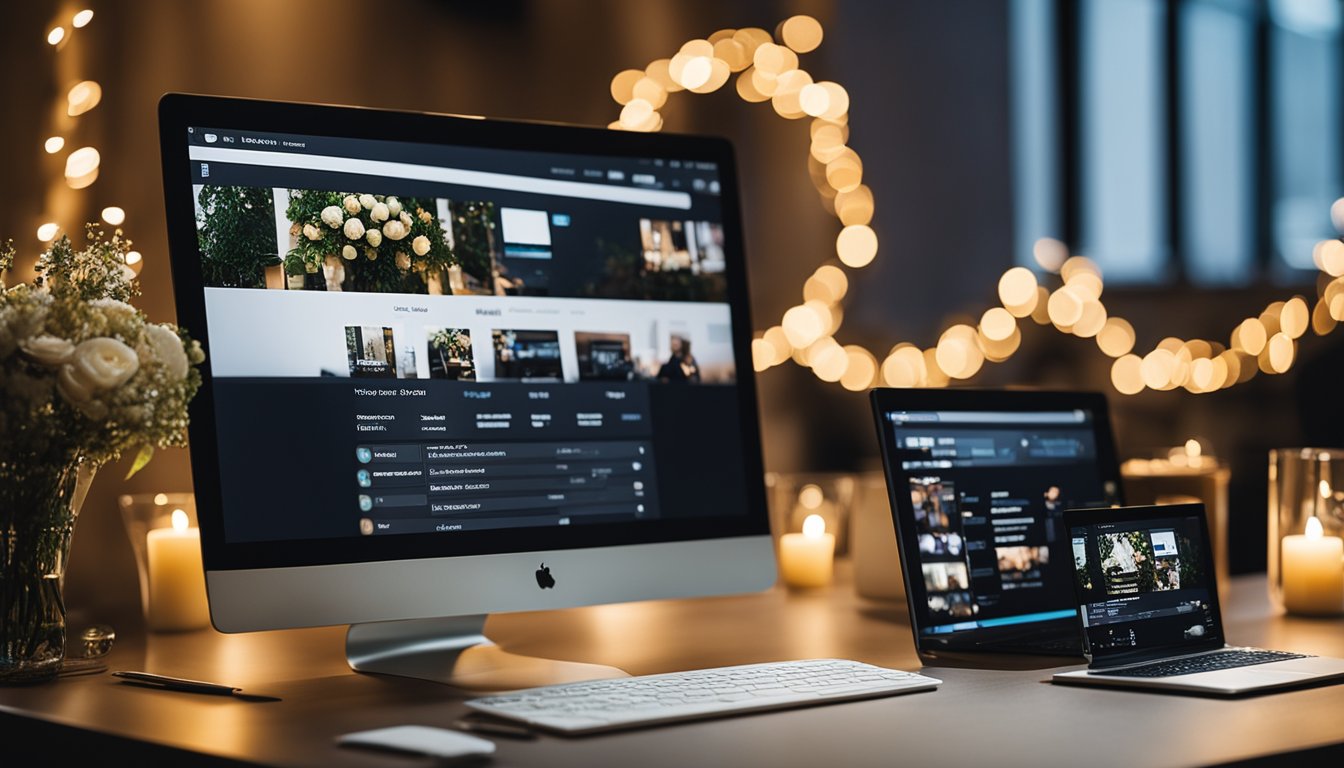 A wedding blog being created and monetized, with a computer, camera, and wedding decorations in the background