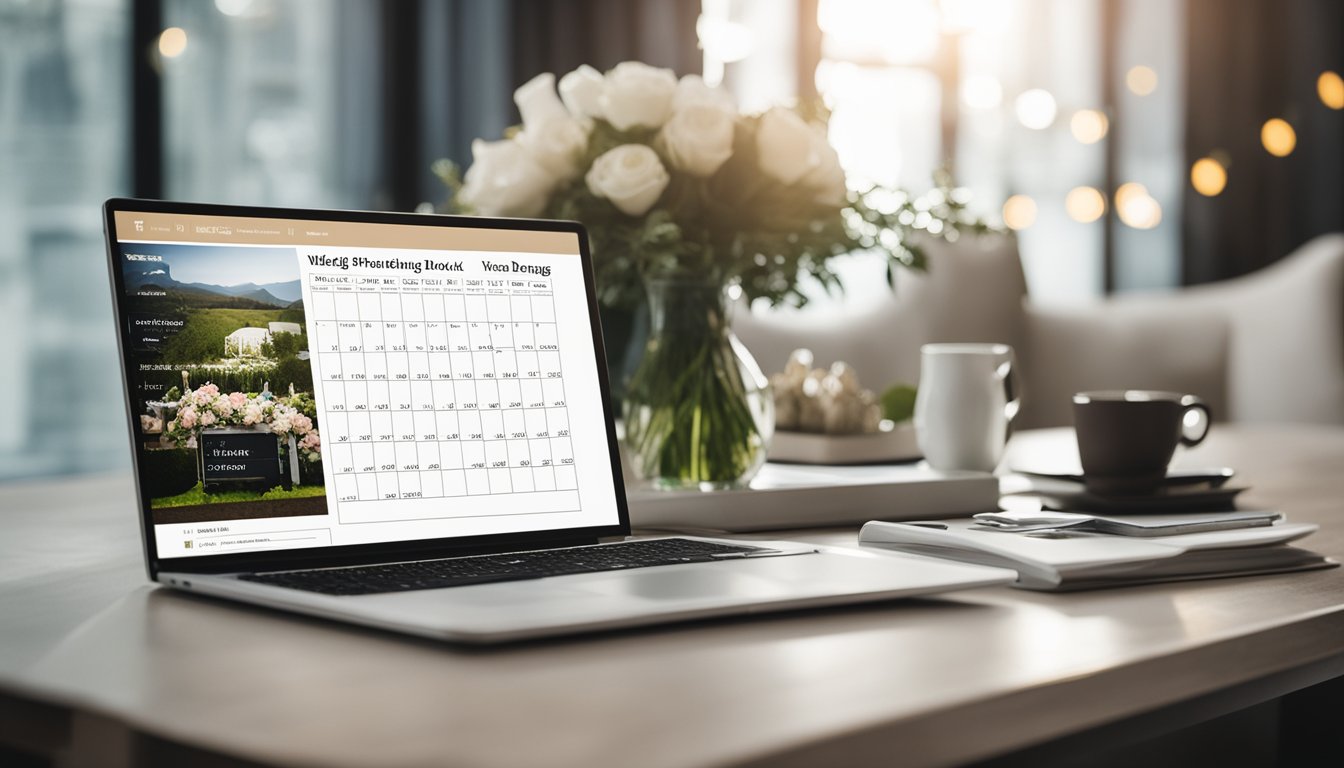 A laptop with a wedding blog homepage displayed, surrounded by wedding planning books and a calendar with wedding dates marked