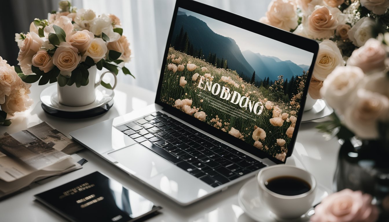 A laptop on a desk with wedding-related content on the screen, surrounded by wedding magazines, flowers, and a cup of coffee