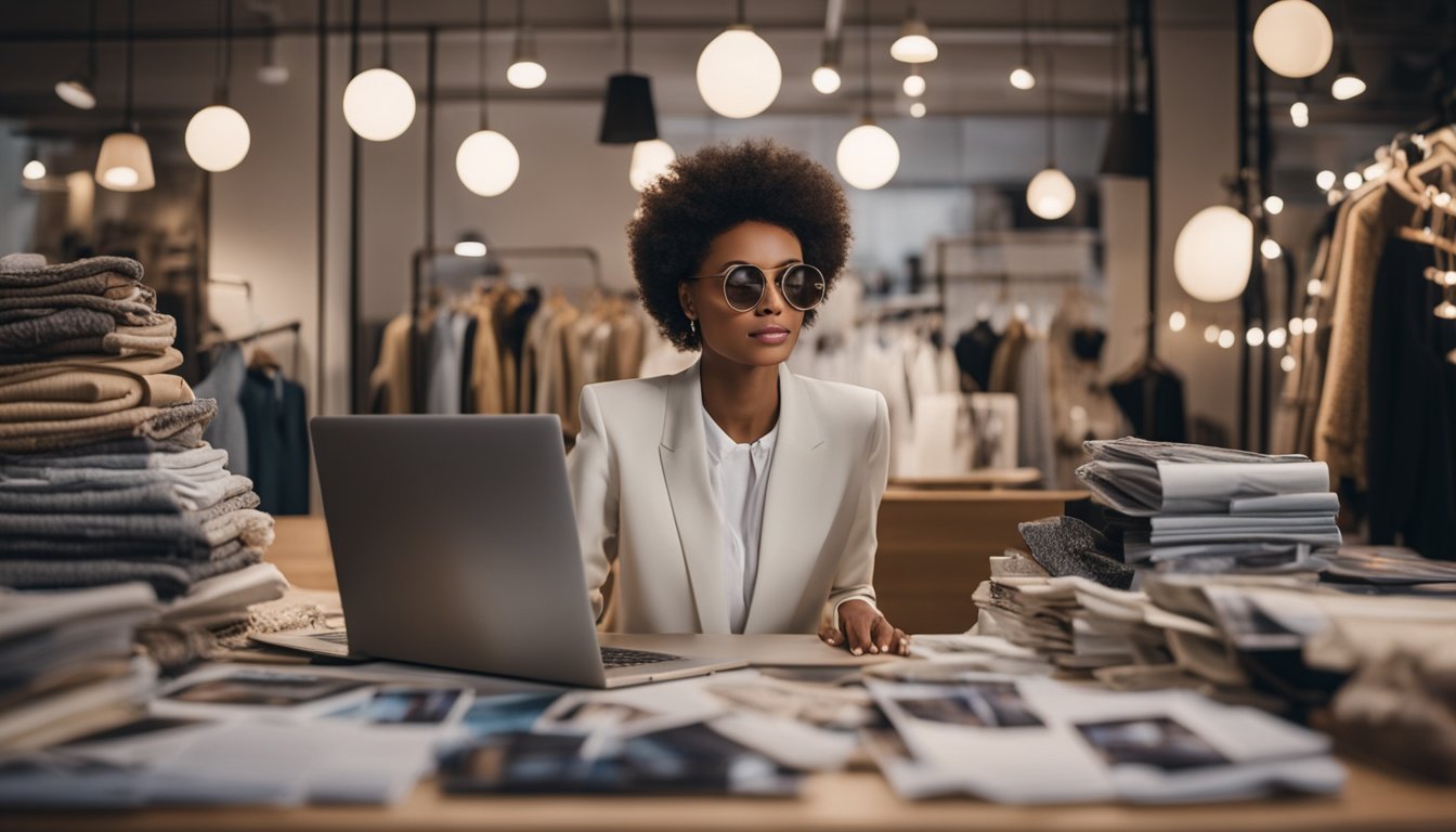 A stylish woman types on a laptop surrounded by fashion magazines, sewing materials, and a mood board. Mannequins display trendy clothing designs in the background