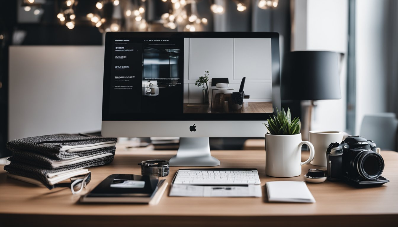 A stylish woman's blog setup with a laptop, fashion magazines, and a cup of coffee on a sleek desk. A trendy wardrobe and accessories are displayed in the background