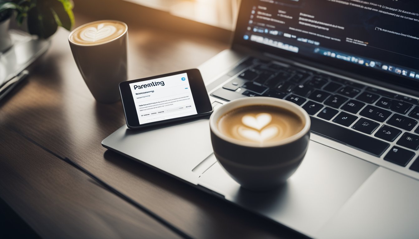 A laptop open on a desk, with a blog titled "Parenting: Creating, Developing, and Monetizing" on the screen. A notebook, pen, and coffee mug sit nearby