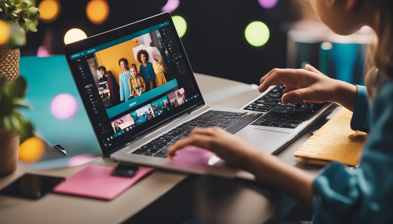 A child's fashion blog being created, developed, and monetized with colorful clothing, a laptop, and a happy, stylish atmosphere