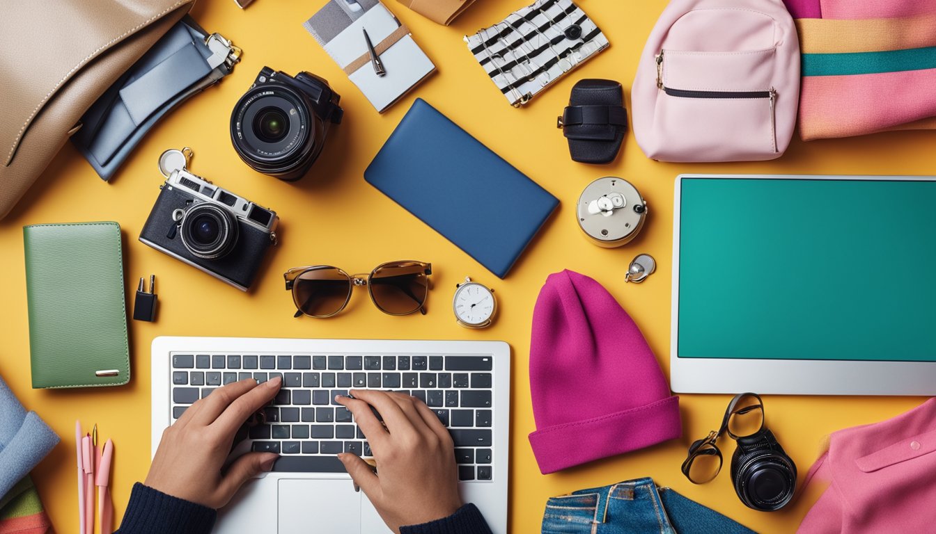 A stylish desk with a laptop, notebook, and pen, surrounded by colorful children's clothing and accessories. A mood board with fashion inspiration and a camera for capturing trendy looks