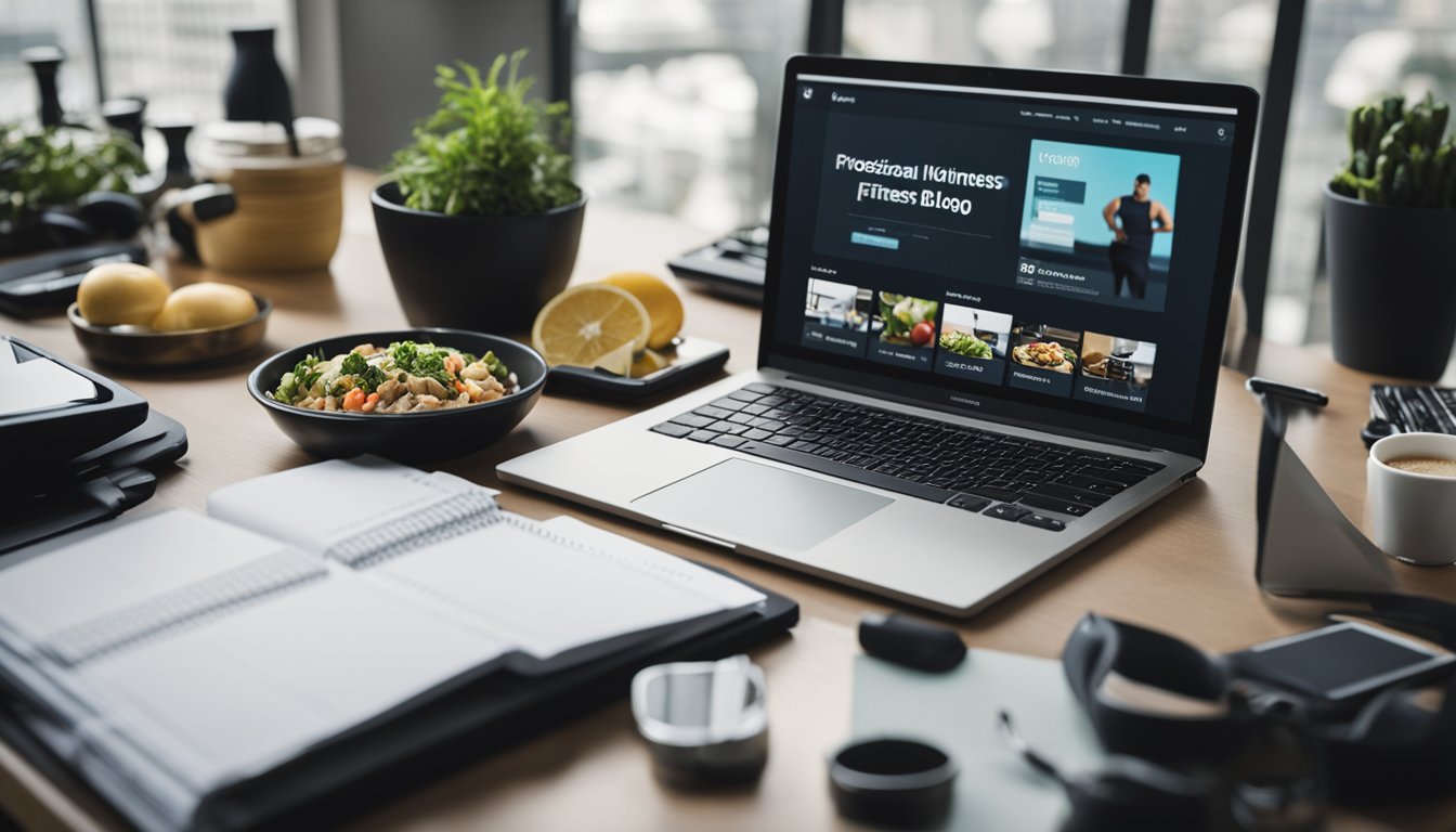 A person creating and monetizing a health and fitness blog. Various fitness equipment and healthy food items are scattered around a desk with a computer and notebook