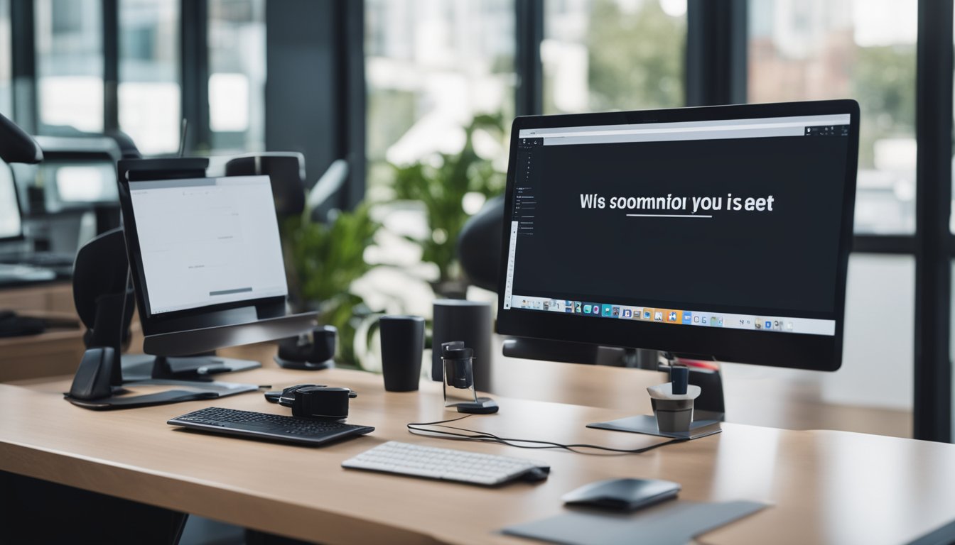 A clean, modern workspace with a computer, notebook, and fitness equipment. Bright colors and motivational quotes on the wall