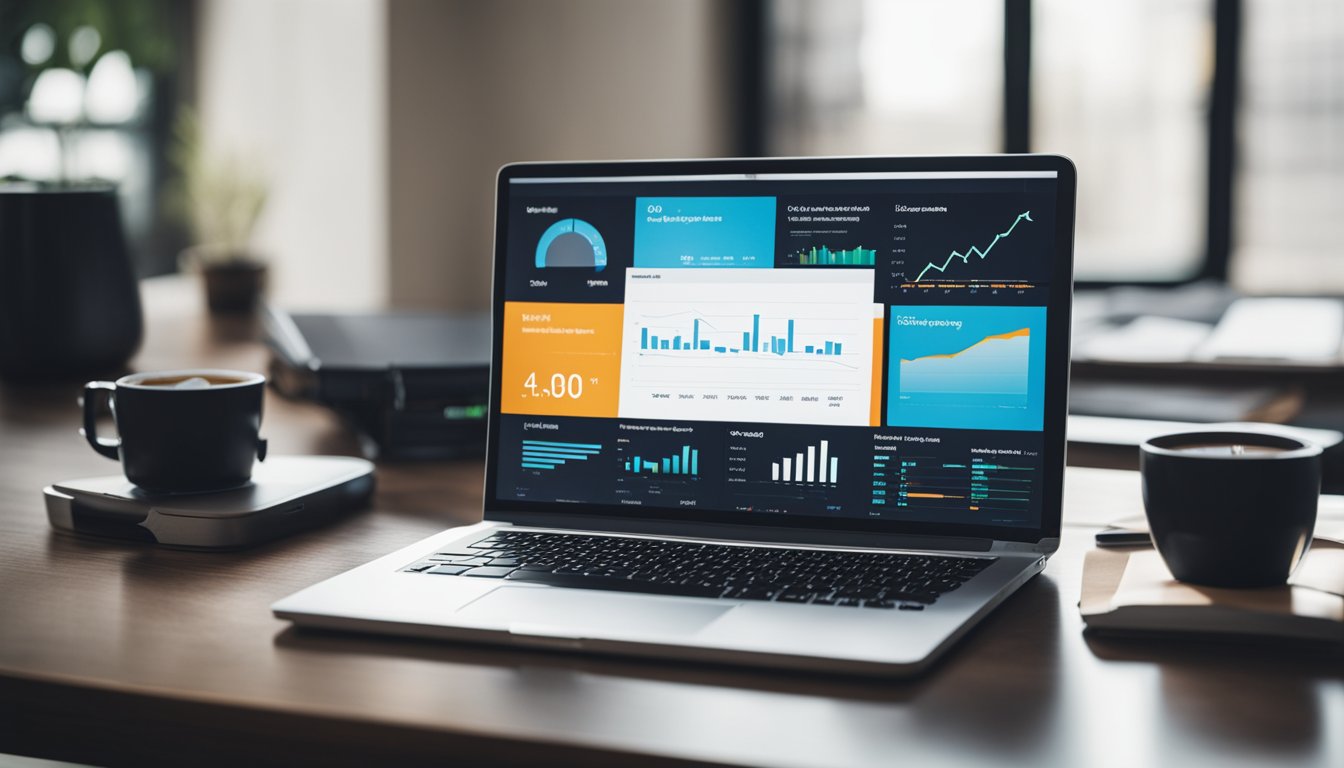 A laptop, notebook, and pen on a desk with a digital marketing book open. A graph showing blog growth and monetization on the wall