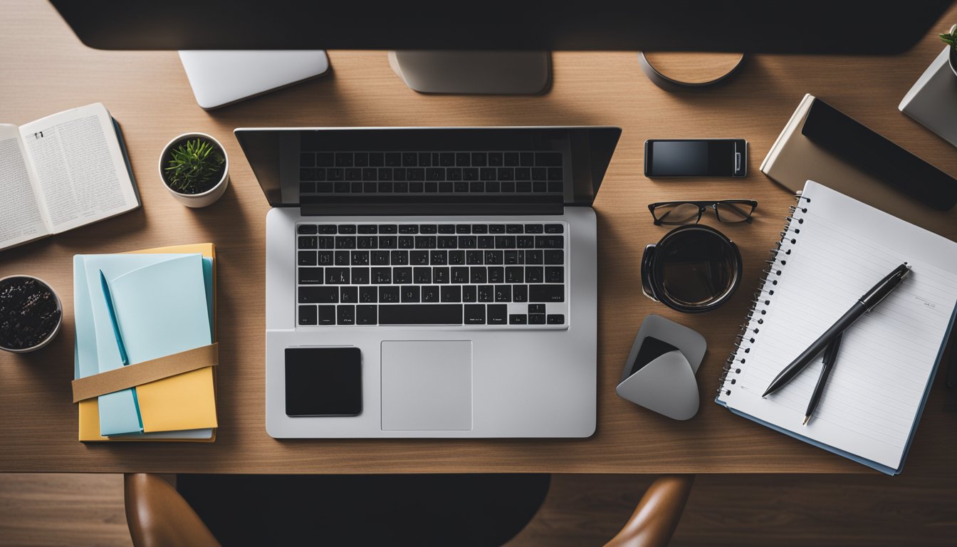 A neatly organized desk with a laptop, notebook, and pen. Marketing books and digital devices in the background