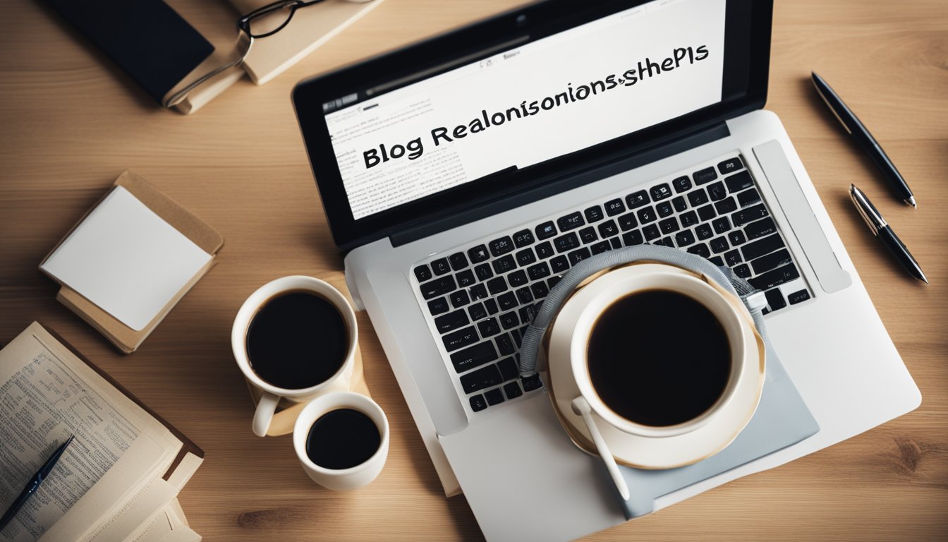 A laptop with a blog titled "Relationships" on the screen, surrounded by books, a pen, and a cup of coffee