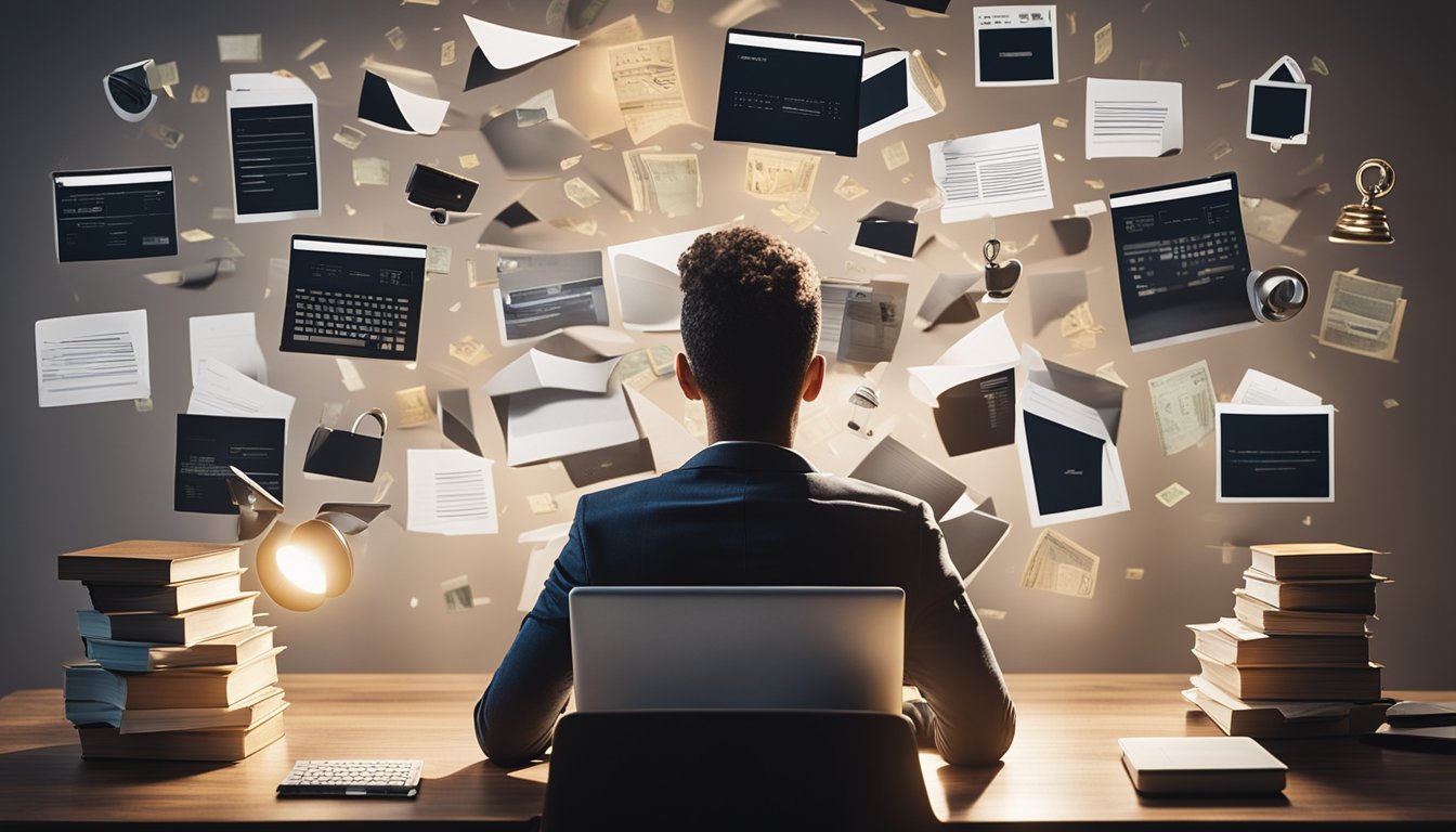 A person typing on a laptop, surrounded by books and notes, with a vision board on the wall, representing personal growth and monetizing a personal development blog