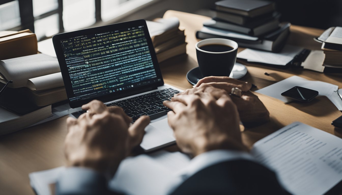 A person typing on a laptop, surrounded by books and notes. A blog post about personal development is being written and monetized