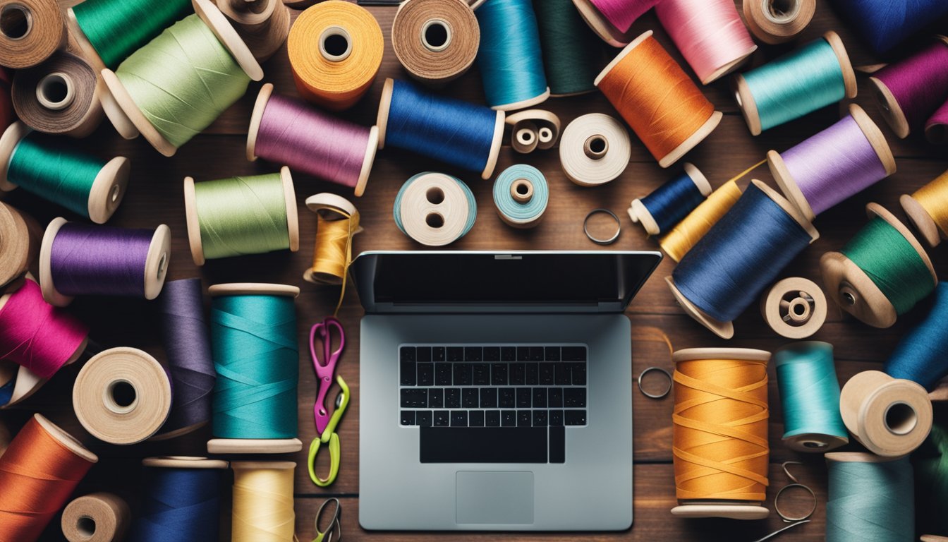 A sewing machine surrounded by colorful fabric rolls, scissors, and spools of thread on a cluttered desk. A laptop open to a blog page with sewing tutorials and monetization tips