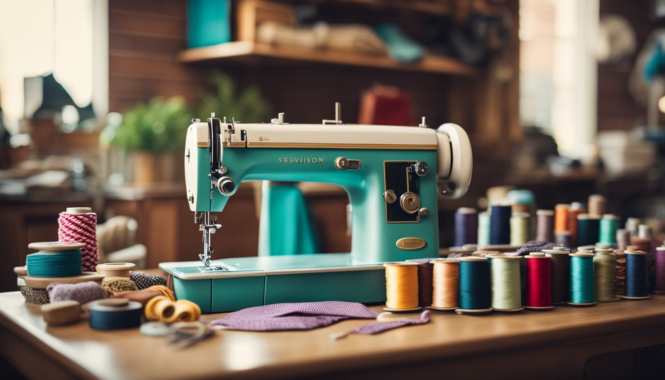 A colorful sewing room with a vintage sewing machine, fabric shelves, and a table with various sewing tools and materials