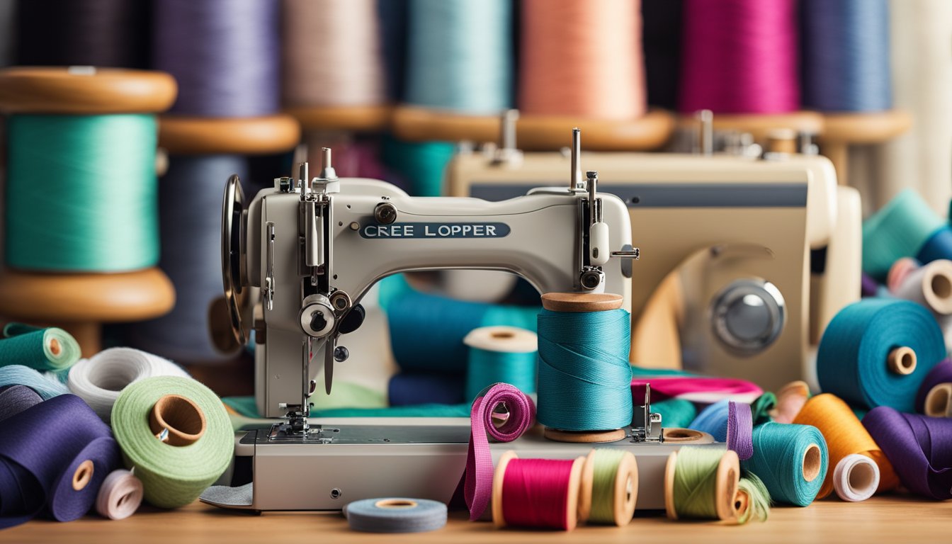 A sewing machine surrounded by colorful fabric rolls, scissors, and spools of thread on a cluttered desk. A computer screen displays "Créer, développer et monétiser un blog sur la Couture."