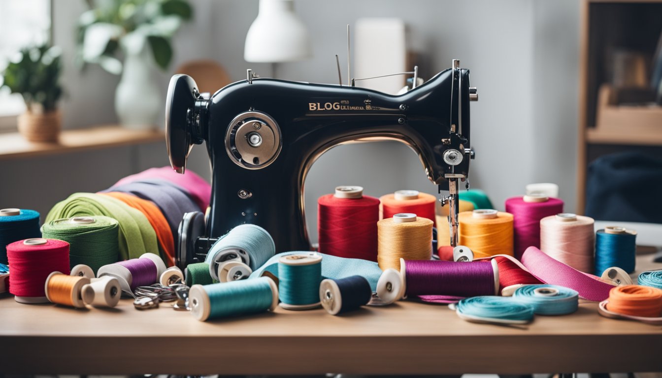 A sewing machine surrounded by colorful fabric, thread, and various sewing tools on a clean, organized workspace. A computer with a blog page open, showcasing high-quality content on sewing and monetization strategies