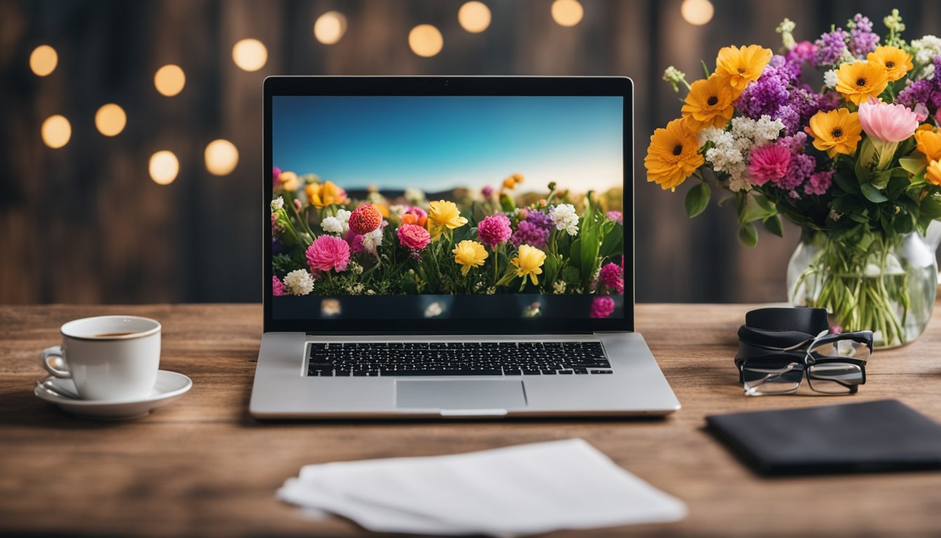 A colorful array of blooming flowers arranged on a wooden table, with a laptop open to a blog page on flower care and monetization tips