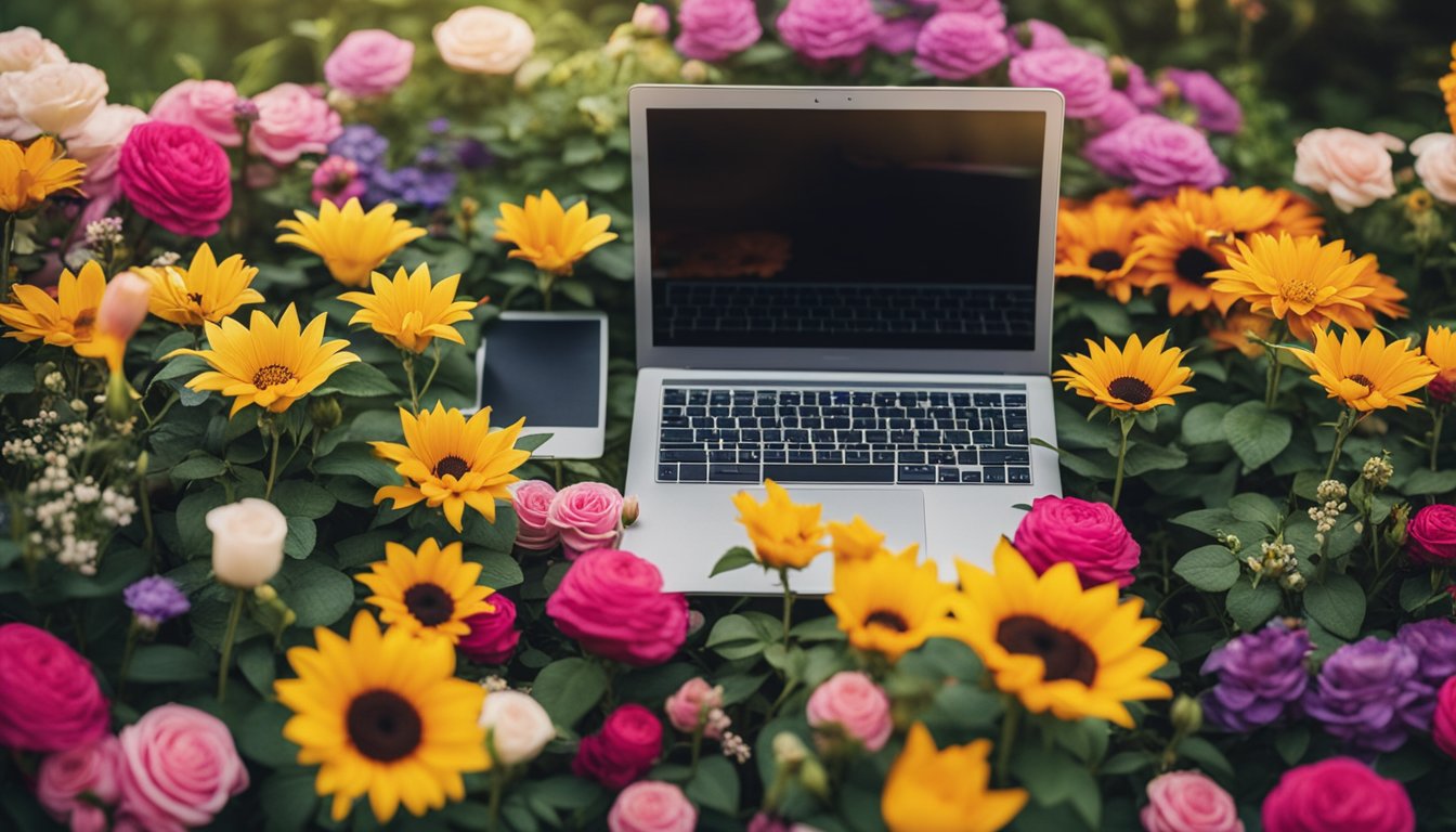 A vibrant flower garden with blooming roses, lilies, and sunflowers. A person typing on a laptop surrounded by colorful notebooks and gardening tools. A sign reads "Flower Blog."