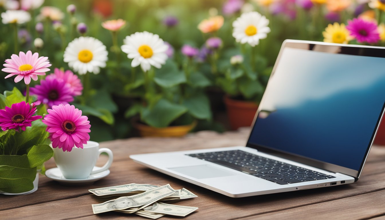 A colorful flower garden with a laptop and money symbolizing monetization