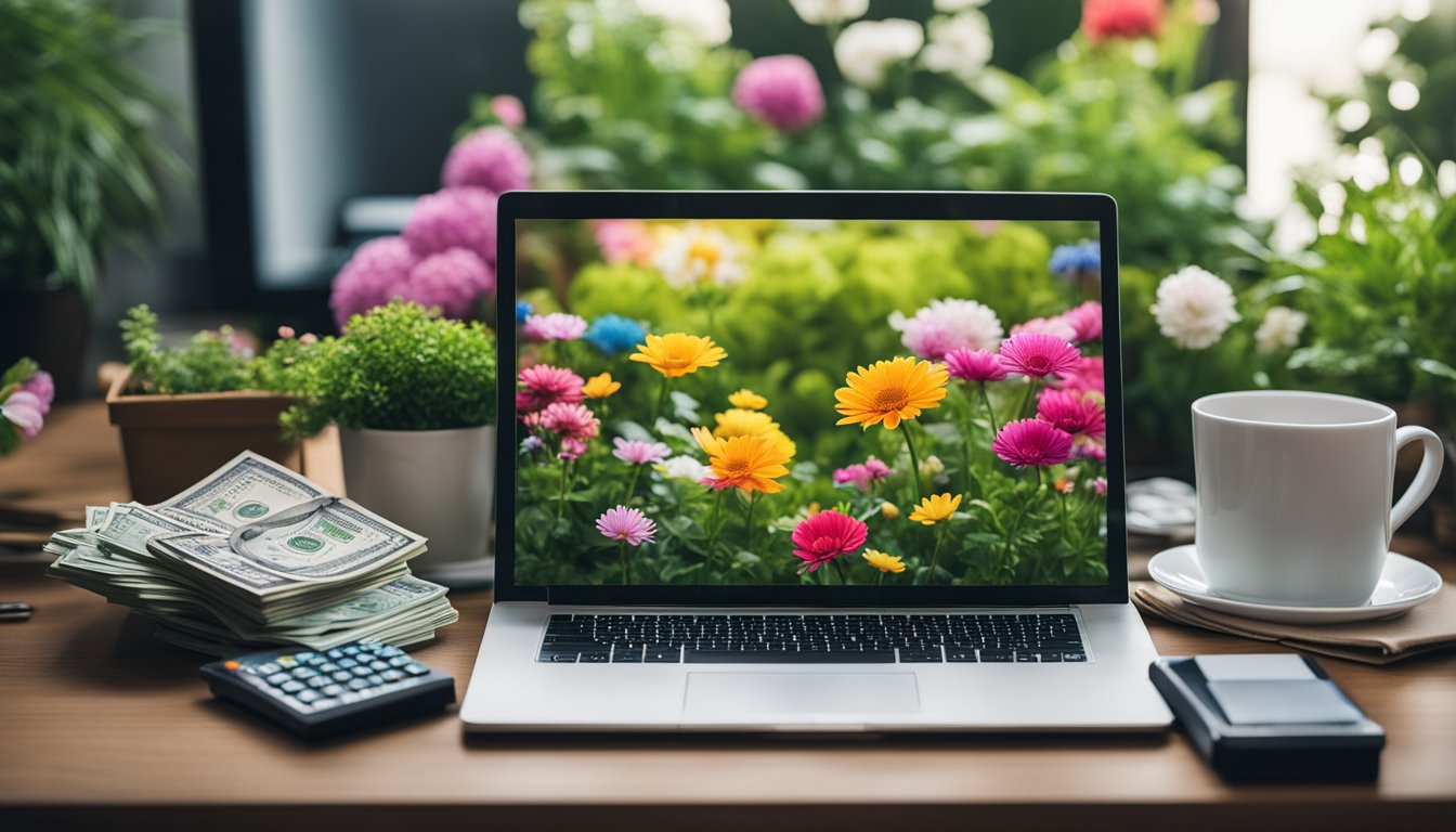 A vibrant garden with colorful flowers blooming, surrounded by a computer, notebook, and money symbolizing blog monetization