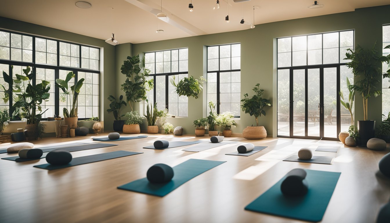 A peaceful yoga studio with a niche audience practicing various poses, meditating, and engaging in mindful activities. The space is filled with calming colors, natural light, and serene decor, creating a welcoming and tranquil atmosphere