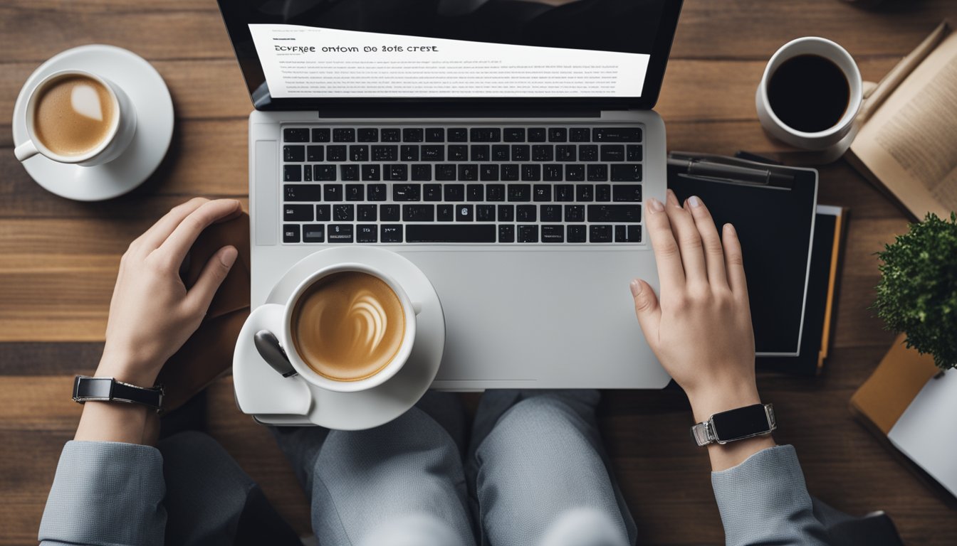 A person typing on a laptop surrounded by books, pens, and a cup of coffee. A blog website is displayed on the screen with poetry-related content