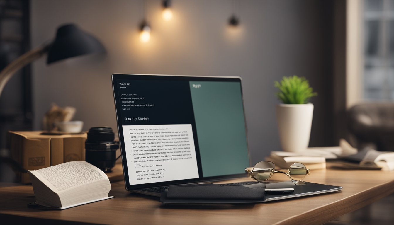 A cozy corner with a desk, notebook, and pen. A computer displaying a blog on poetry. Money symbols floating around the screen