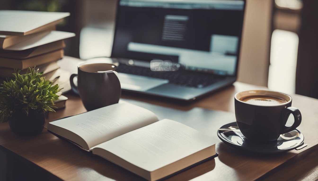 A desk with a laptop, notebook, and pen. A stack of poetry books and a cup of coffee. A cozy and inspiring workspace for writing and creating content