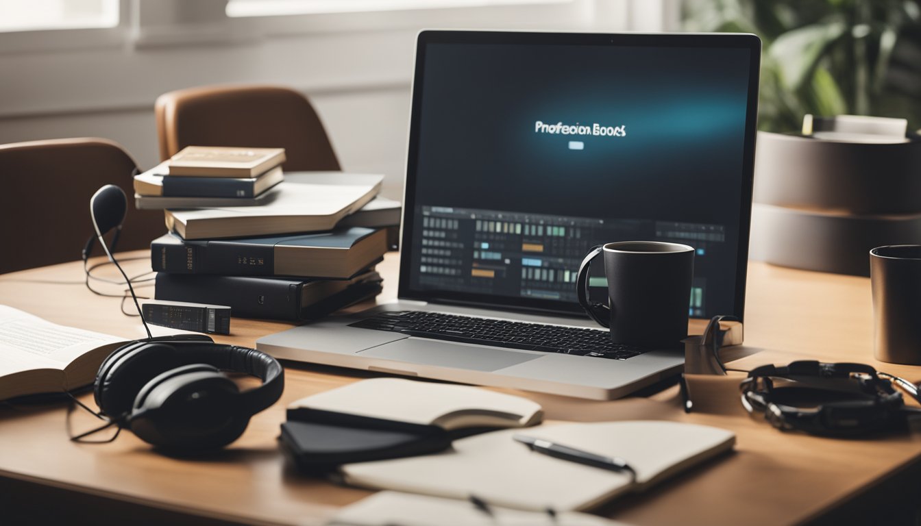 A neatly organized desk with a laptop, notebook, pen, and headphones. A stack of music books and a cup of coffee sit nearby