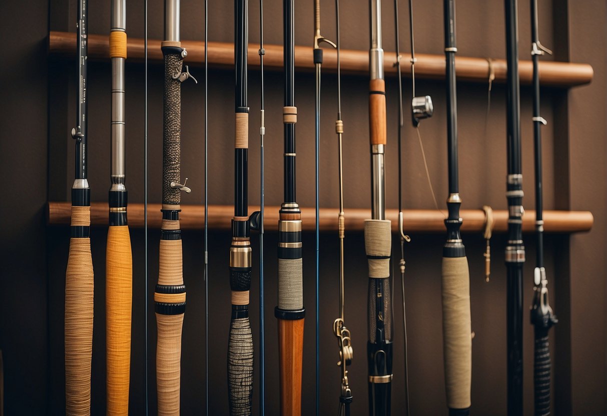 A variety of fishing rods displayed on a wall rack, including spinning, casting, and fly fishing rods. Each rod is labeled with its specific type