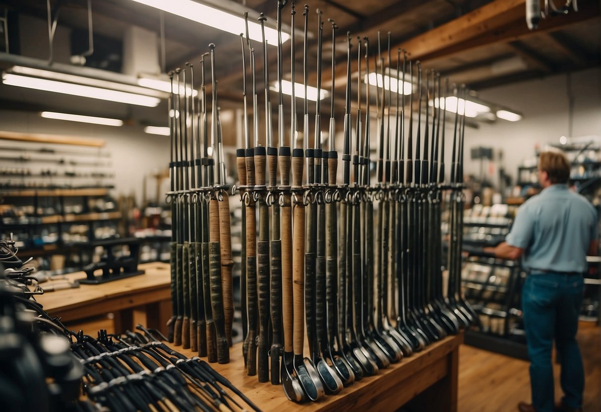 A hand reaches for a fishing rod on a rack, surrounded by various types of rods and reels. The scene is set in a well-lit and organized fishing supply store
