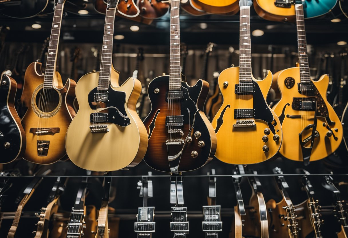 A collection of guitars of various shapes, sizes, and colors arranged neatly on a display rack