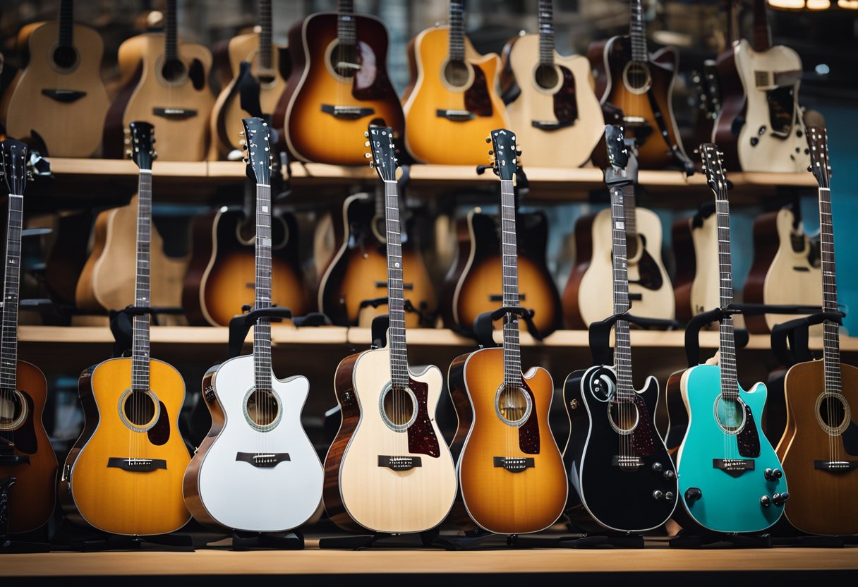 A collection of regional variation guitars displayed on a stand