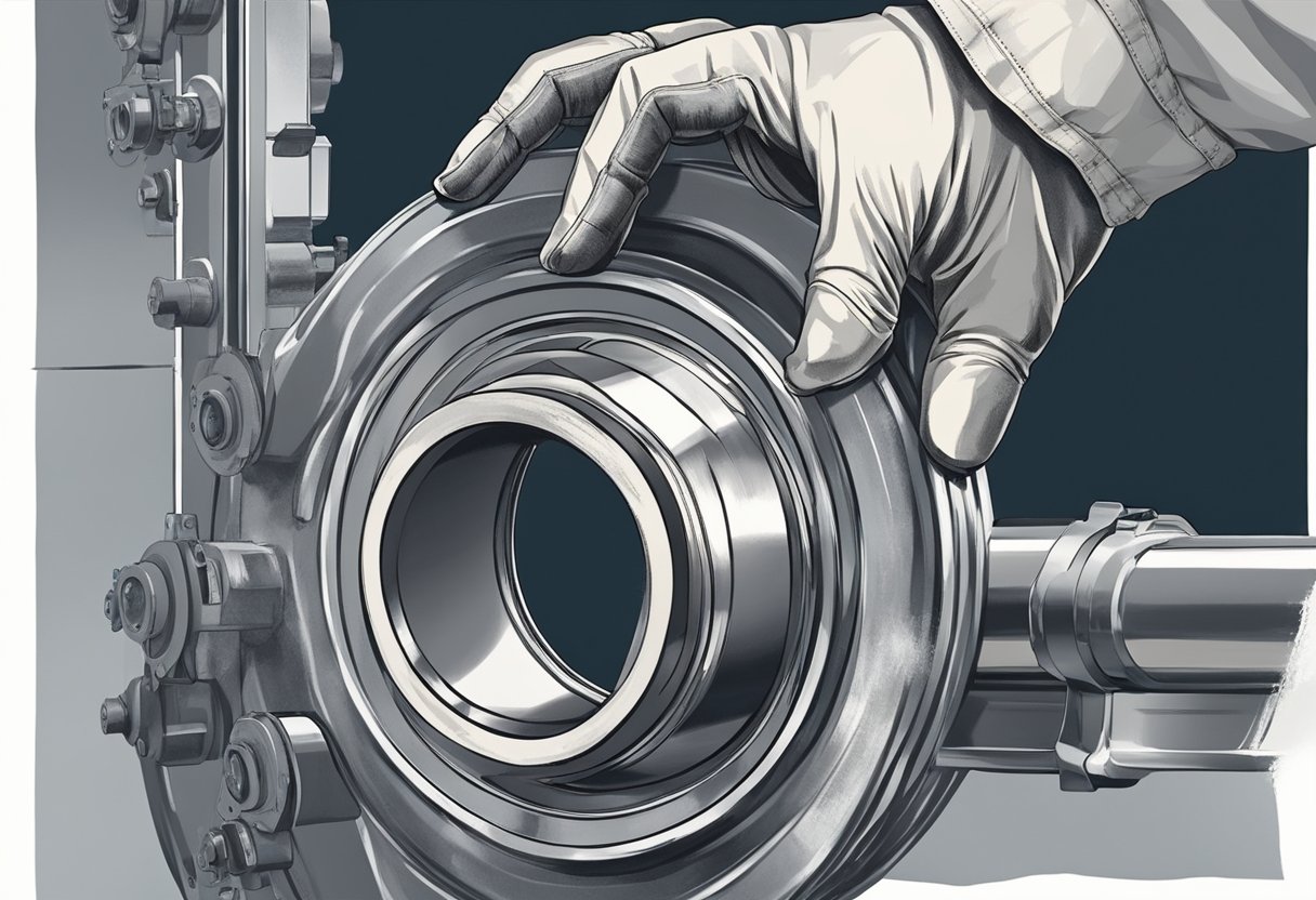 A gloved hand applies thick grease to a large slew bearing. Grease oozes out as the hand turns the bearing, creating a messy but necessary lubrication process