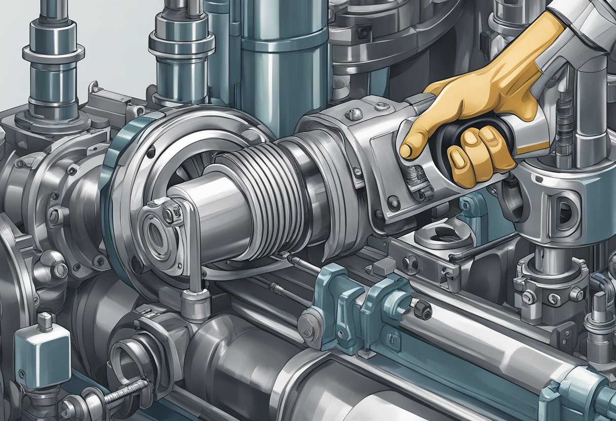 A hand holding a grease gun applies white lubricant to a large slew bearing, surrounded by industrial machinery