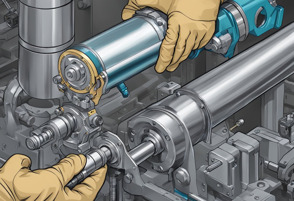 A hand holding a grease gun applies slew bearing grease to a large mechanical component