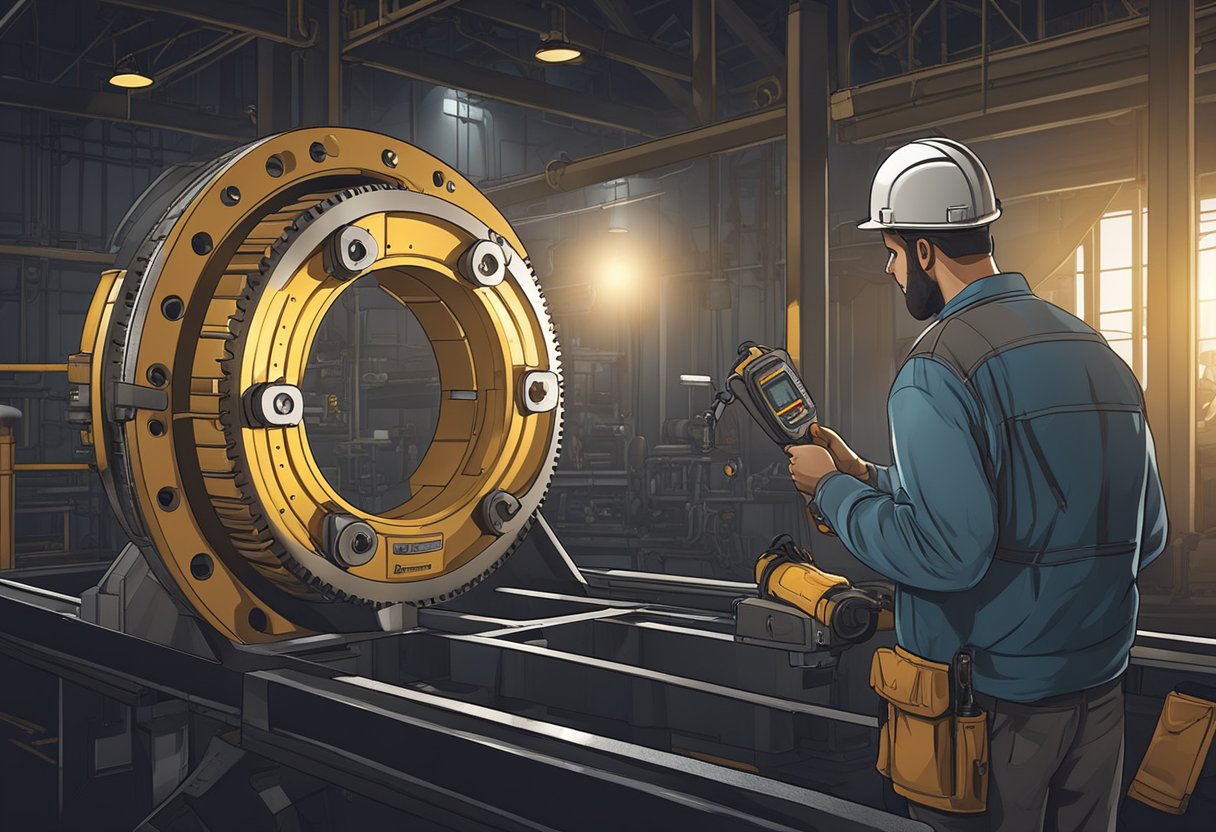 A technician inspects a large slew bearing with a flashlight and measuring tools in a dimly lit industrial setting