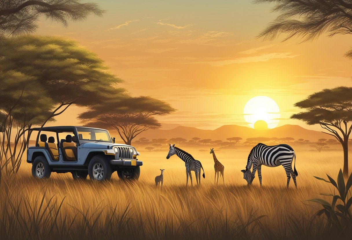 Animals roam freely in the savanna. A jeep drives through tall grass. Giraffes, zebras, and elephants graze. The sun sets over the horizon