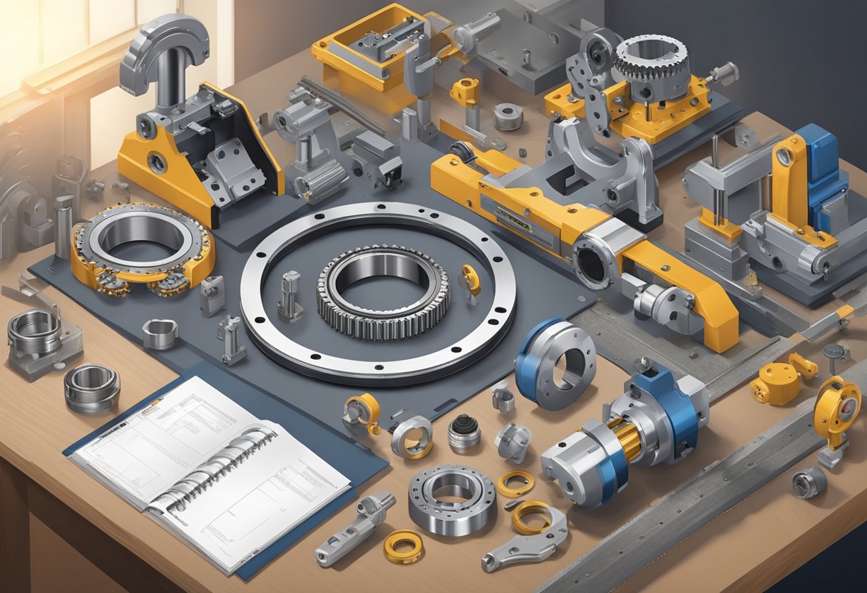 A slew ring bearing catalogue laid open on a workbench, surrounded by various tools and mechanical parts