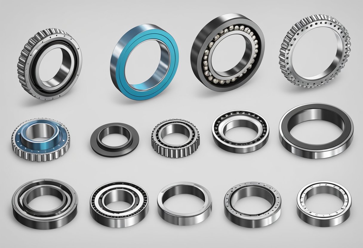 A variety of slewing ring bearings displayed in a catalogue, showing different sizes, designs, and specifications