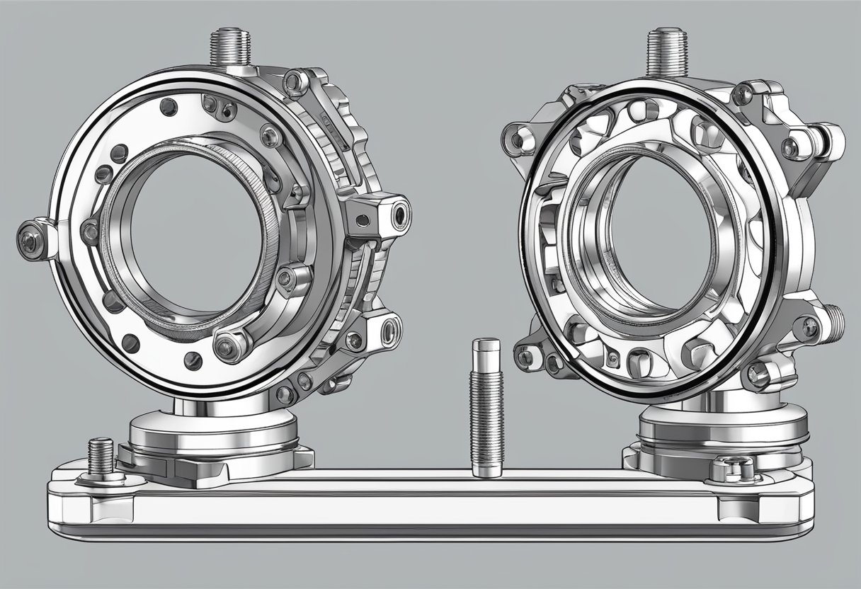 A slew ring connects two mechanical parts, with bolts and nuts securing the connection