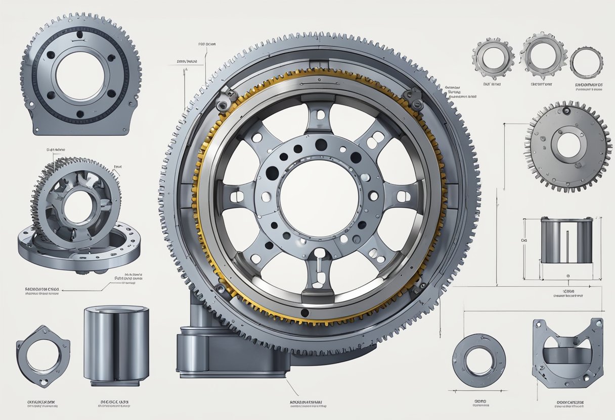 A large slew ring connects two mechanical components with bolts and gears