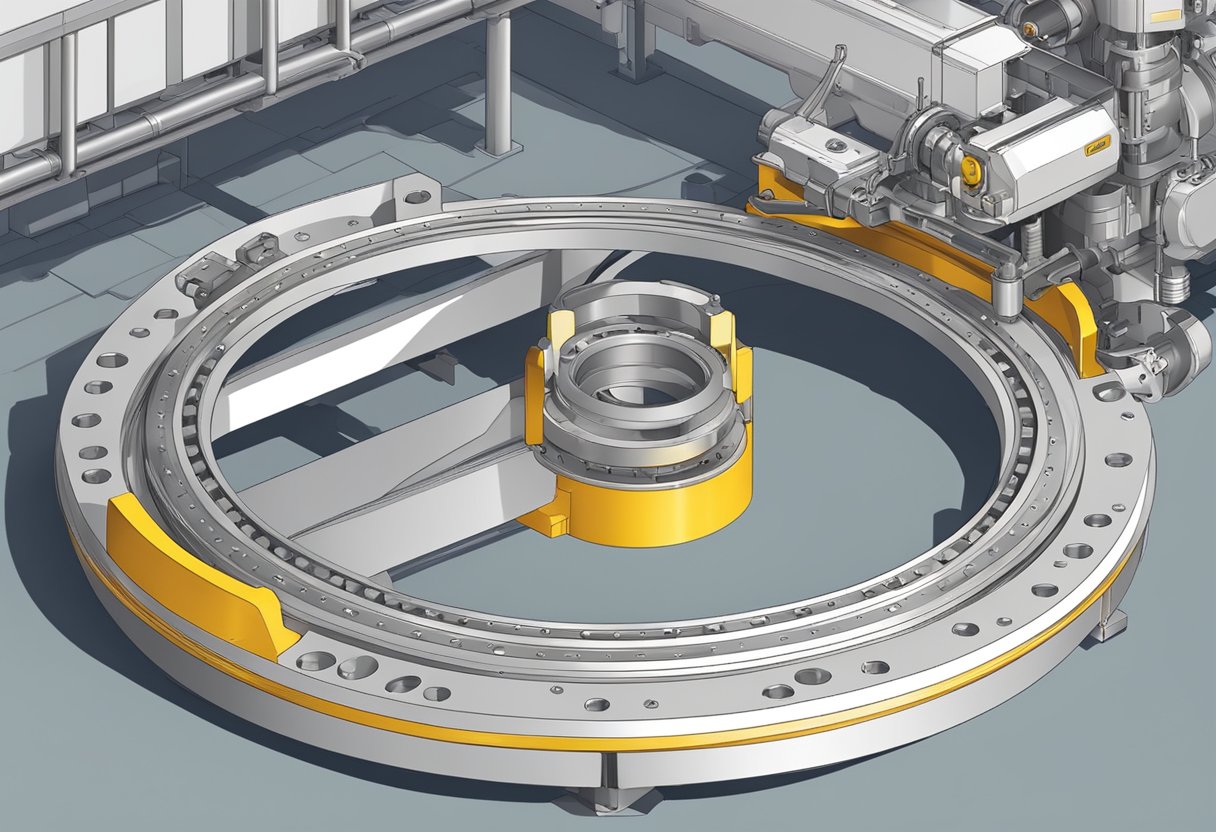 A large slew ring rotates smoothly on a heavy-duty machinery base