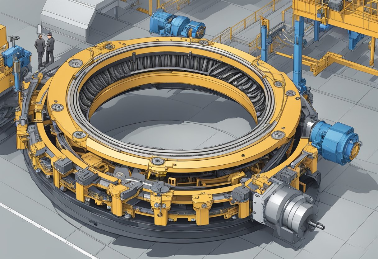 A large slew ring sits atop a heavy-duty machinery, surrounded by gears and hydraulics