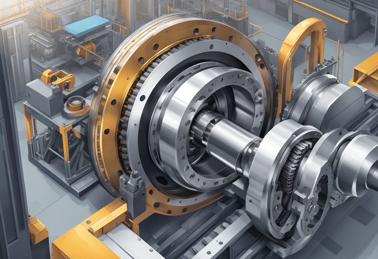 A large slewing bearing rotates smoothly on industrial machinery, surrounded by gears and mechanical components