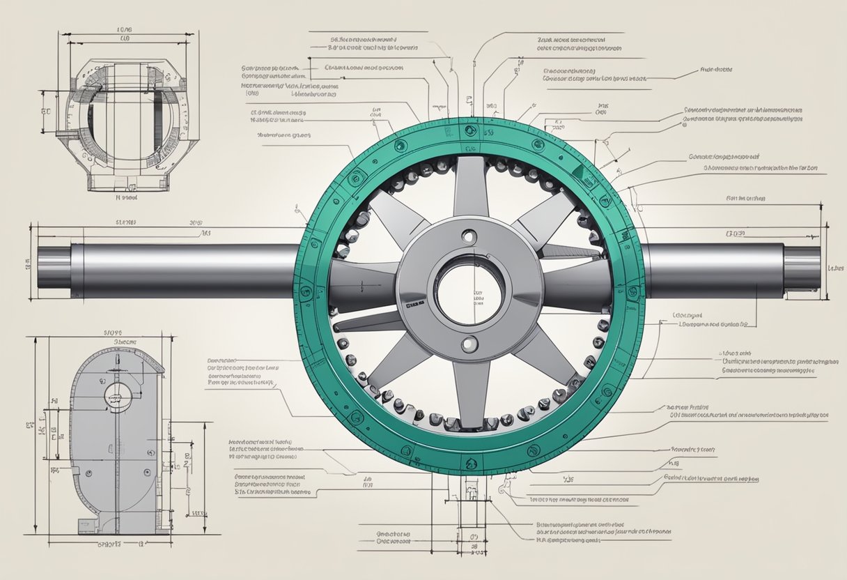 A technical drawing of a slewing bearing with labeled dimensions and angles, surrounded by engineering tools and calculations