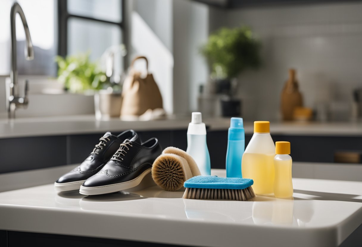 A shoe cleaning kit sits open on a clean, well-lit surface. Brushes, cloths, and cleaning solutions are neatly arranged, ready for use