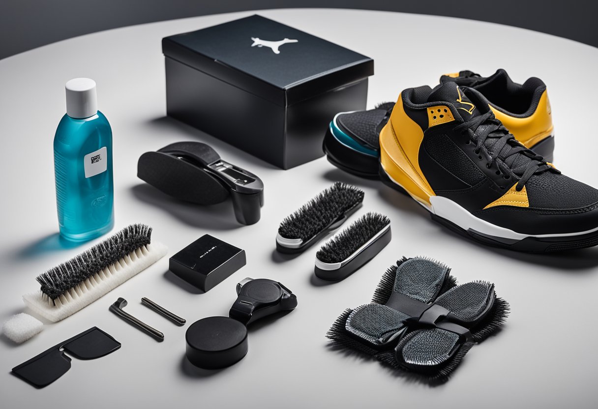 A shoe cleaning kit with various tools and solutions laid out neatly on a clean surface, with a pair of Jordans placed next to it for demonstration