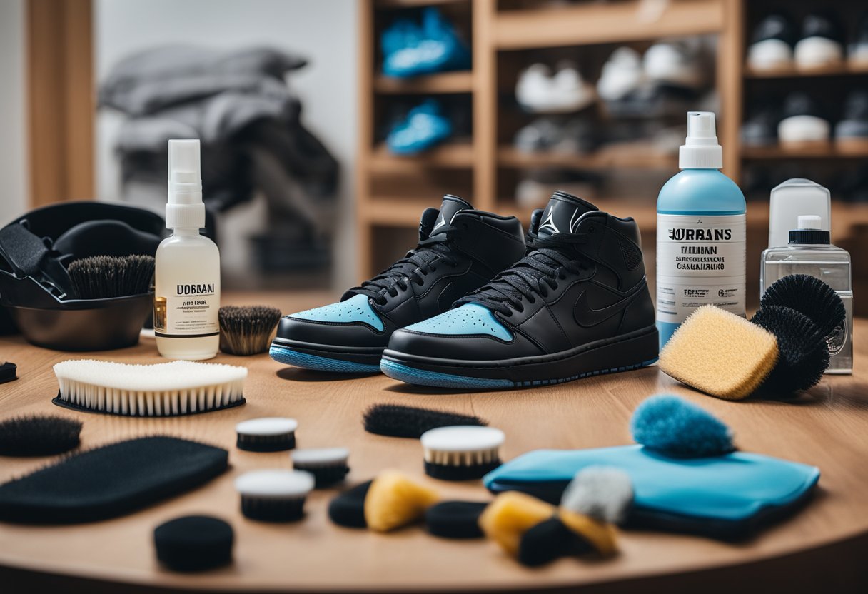 A display of popular shoe cleaning brands and kits for Jordans, with various brushes, solutions, and accessories neatly arranged on a clean, well-lit surface